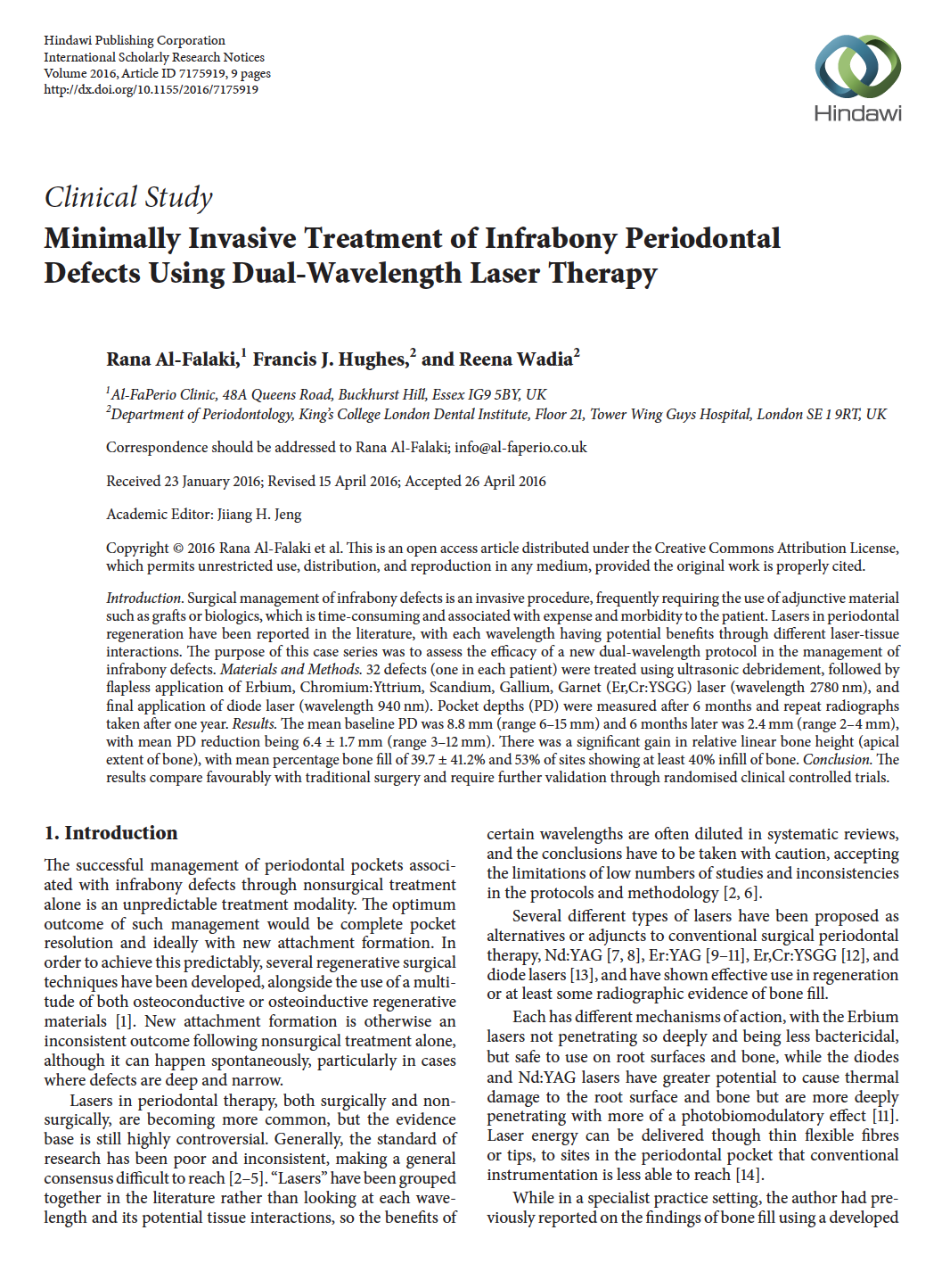 Dr Rana Al-Falaki Clinical Study, Minimally Invasive Treatment of Infrabony Periodontal Defects using Dual-Wavelength Laser Therapy, page one